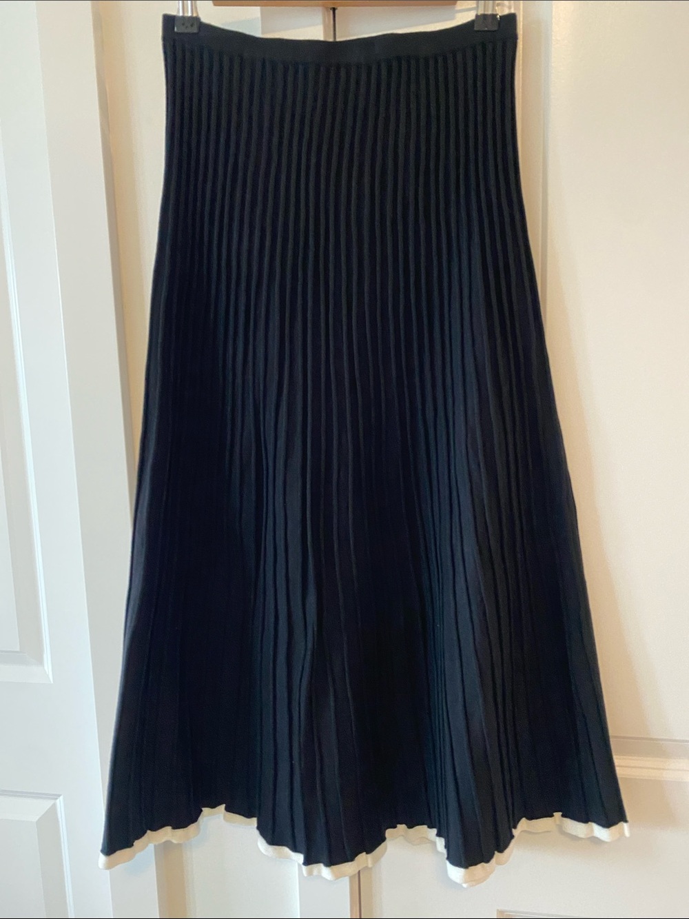 Commense Black A-Line Pleated Midi Skirt with white Trim